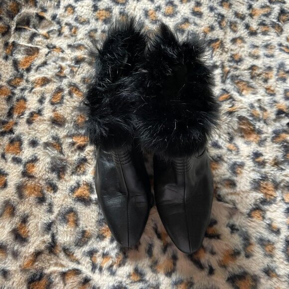 Black Leather Fur-Trim Ankle Booties - Picture 4 of 6